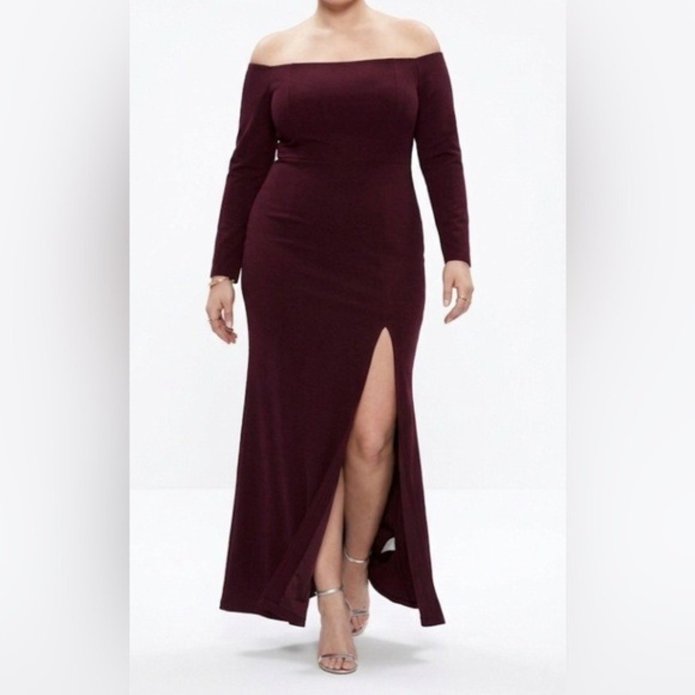 Lulus Burgundy Off-The-Shoulder Long Sleeve Maxi‎ Dress Slit IBD26646L New